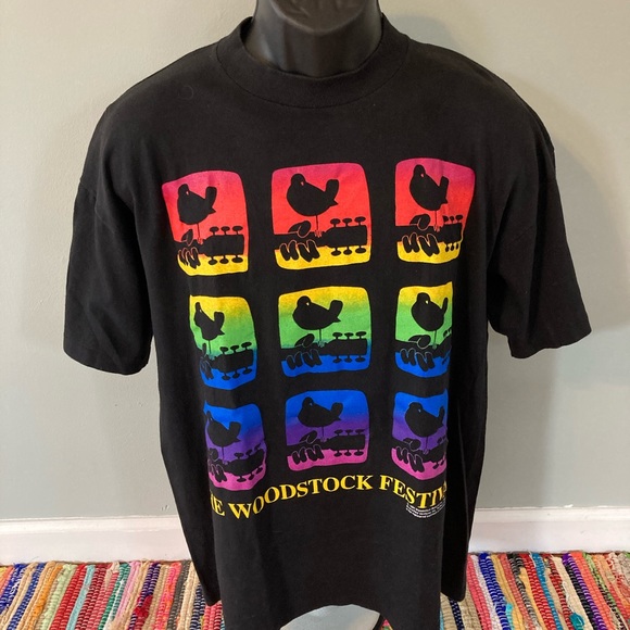 1994 Woodstock Music Festival Shirt Neon 90s Band GEM Tag Black XL Vintage